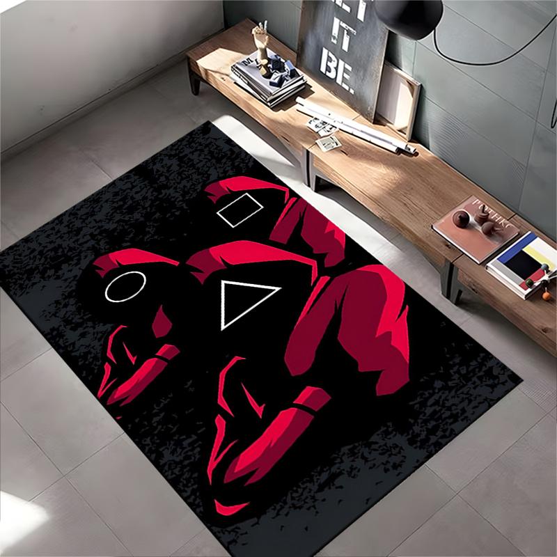 Red Guards Pattern Rug with Geometric Symbols on Black Background Suitable for use as an anti-slip for living room bedroom sofas
