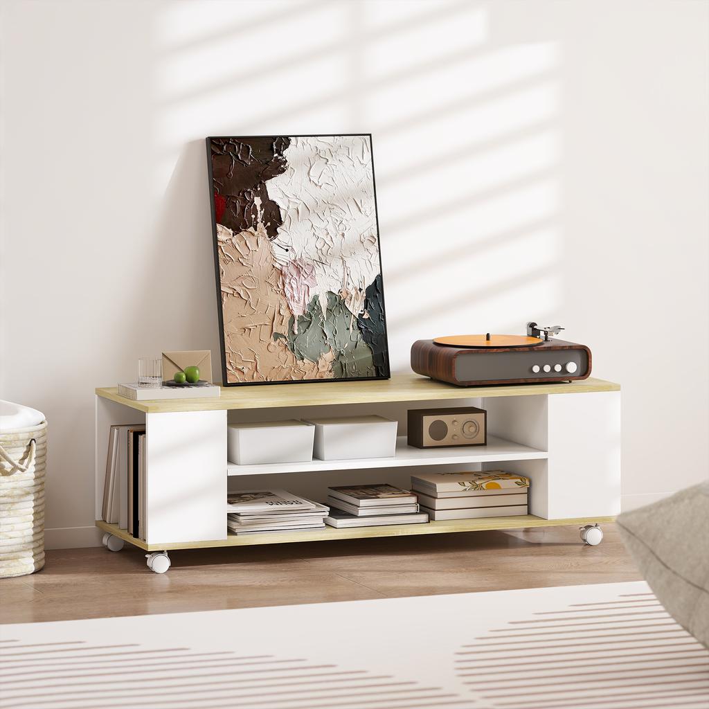 TV Cabinet With Wheels 120 Cm TV Stand For TVs Up To 55 Inches 2 Open Shelves White And Natural