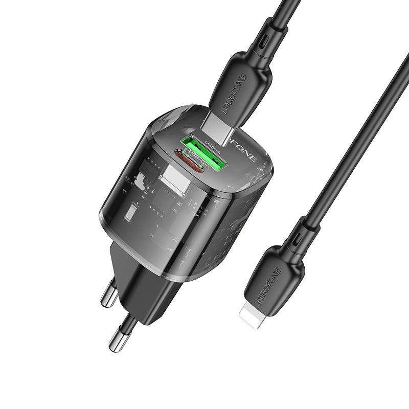 BOROFONE BN17 Быстрое зарядное устройство с двумя портами 20 Вт PD+QC3.0 с кабелем, сертифицированным ЕС