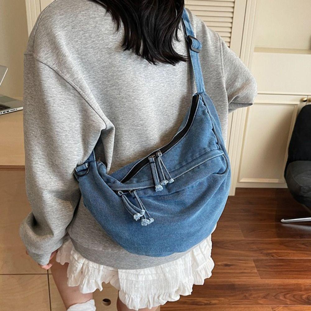 Leisure American Style Canvas Dumpling Bag Adjustable Strap Harajuku Denim Crossbody Bag Zipper Retro Handbag Women