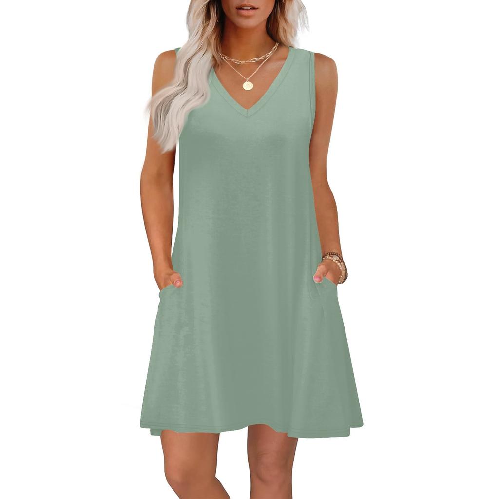 Women's Summer Dresses Loose Fit Solid Color V Neck Sleeveless Sundresses Beach Hawaiian Dress With Pockets