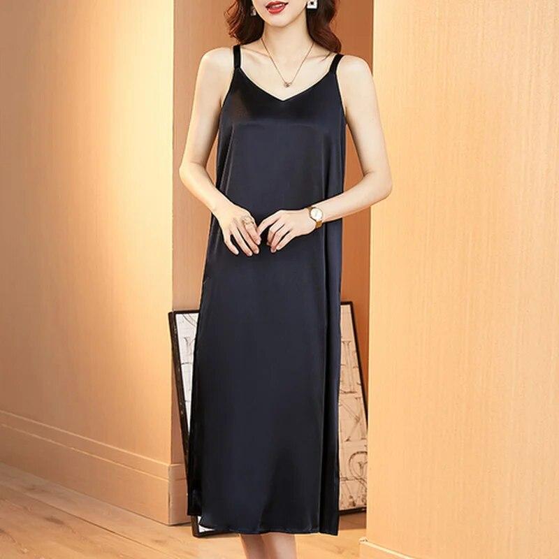 Sexy Women Satin Dress Summer  Strap Sleeveless Silk Dress Women Loose Long Dress Oversized Casual Dresses Robe Femme 14306
