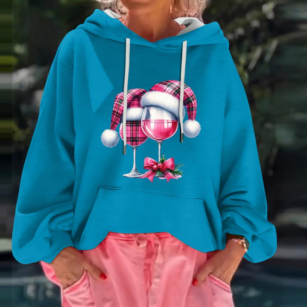 Women's Christmas Print Loose Casual Long Sleeve Hooded Sweatshirt