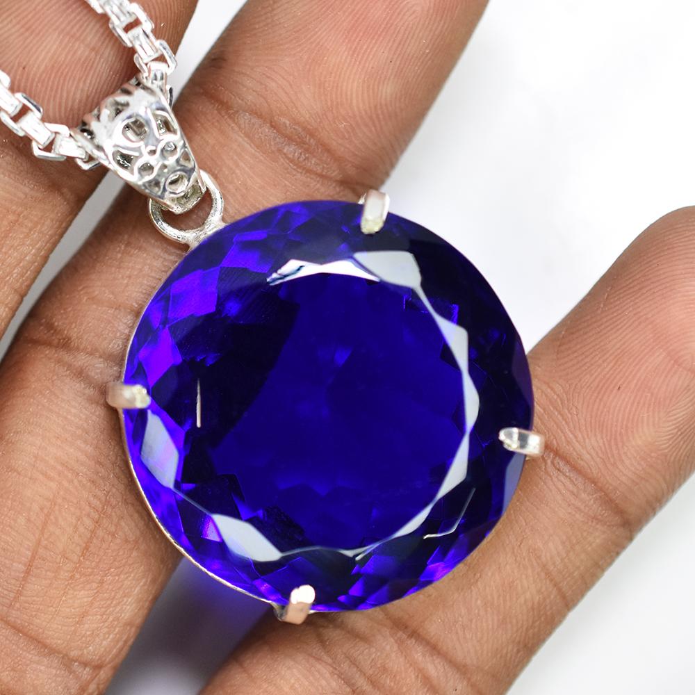 A Grade 113.55 Ct CERTIFIED Blue Topaz 925 Sterling Silver Unique Round Pendant MY-PD-136-NS