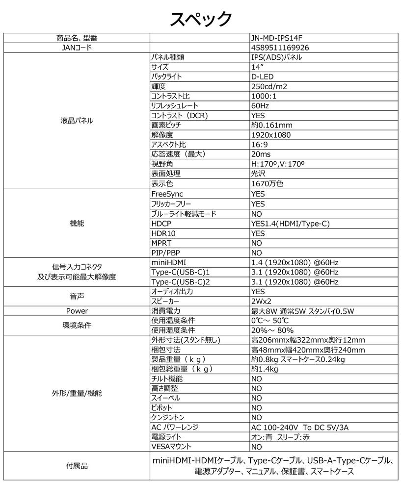 site JAPANNEXT IPS panel full HD resolution mobile monitor miniHDMI USB HDR with smart case [EC only] 14-inch (1920x1080) JN-MD-IPS14F Type-C [2-year