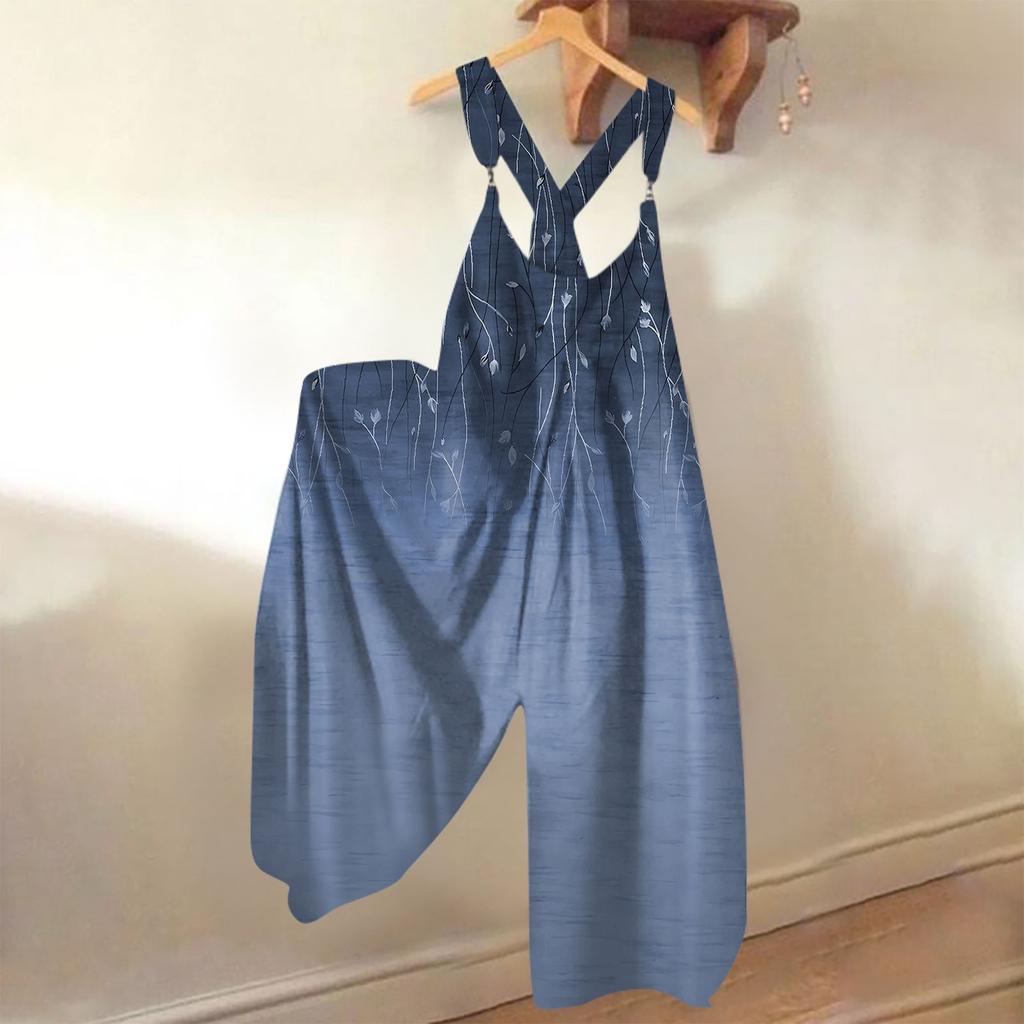 Широкие комбинезоны для женщин, повседневные свободные комбинезоны без рукавов, ретро-принт, металлические пуговицы, длинные брюки, комбинезон с карманами