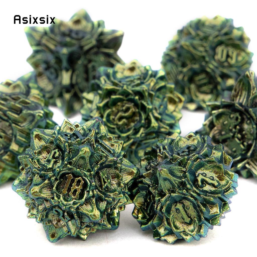 7 Pcs Green Yellow Lotus Flower  Metal Dice Solid Metal Polyhedral Dice Set Suitable for Role-Playing RPG  Board Game Card Game