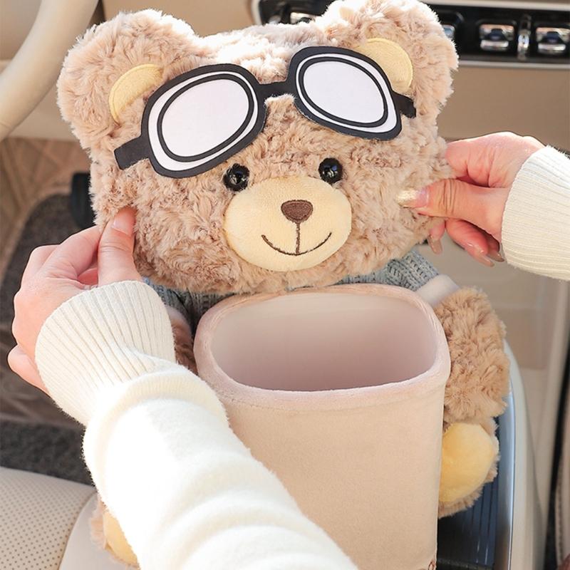 Plush Bear Shape Automotive Tissue Dispenser and Trash Can With Shake Proof Mounting and Leakproof Inner Container