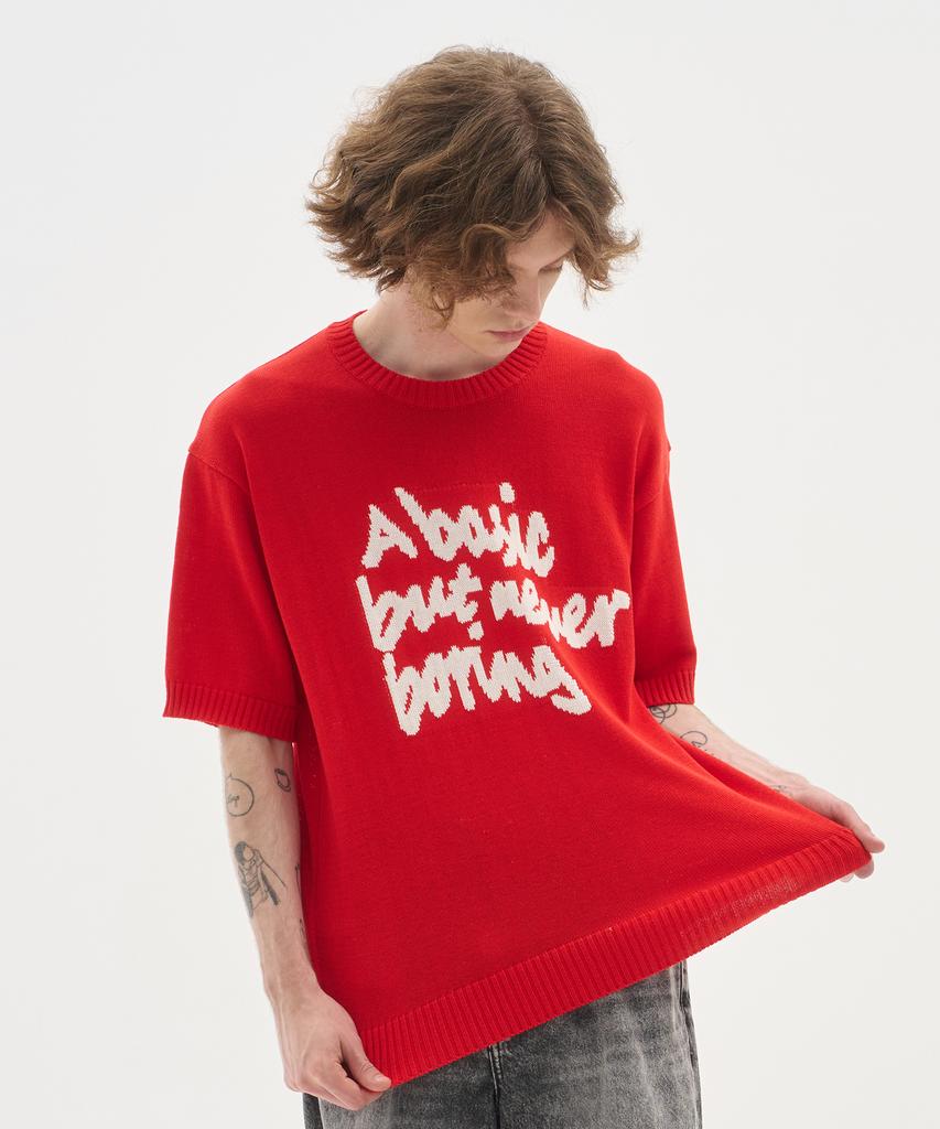 BLOND9 Slogan Round Short Sleeve Knit_Red