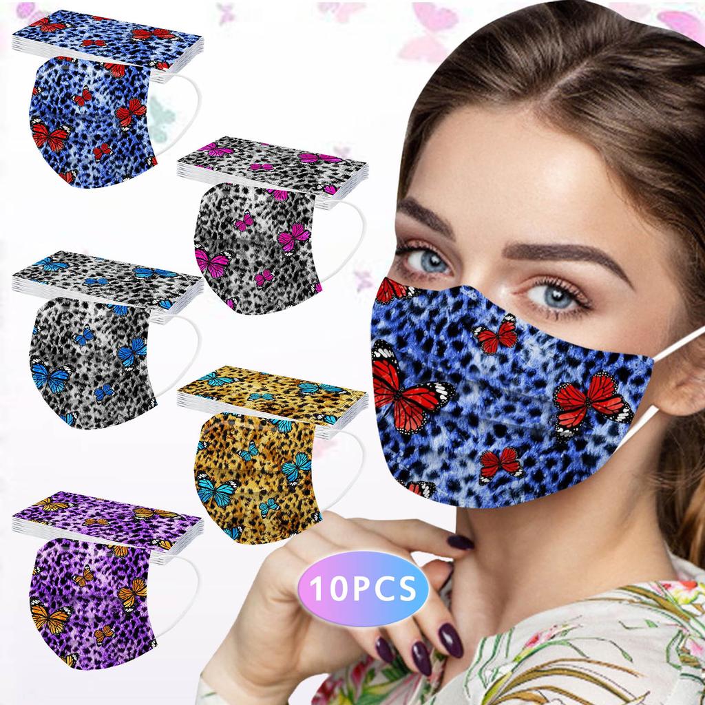 10PCS Adult Leopard Print Plus Butterfly Three-Layer Disposable Protective Mask