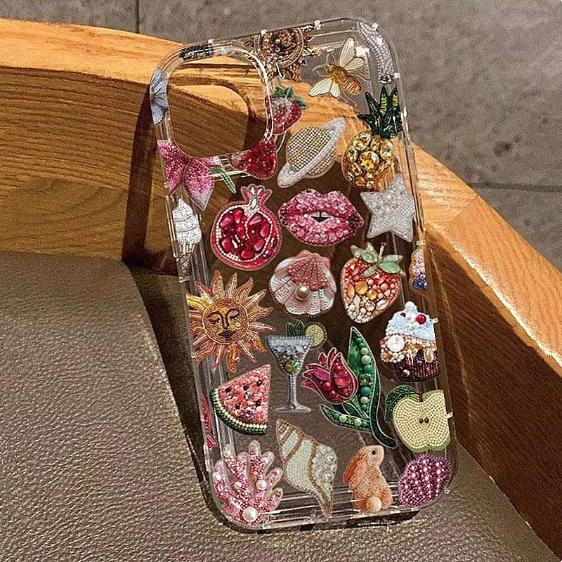 Чехол на телефон 'Гранат Солнце' с бусинами для iPhone 16 17 15 14 13 12 Mini 11 Pro Max 16E X XR 7 8 15 16 Plus SE2 Прозрачный Мягкий ТПУ Чехол