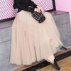 Women Midi Skirt Elastic High Waist Long Skirt with Solid Mesh Hem Solid Color A-Line Skirt Daily Wear