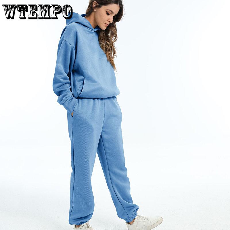 Осень-зима, толстовки, женский комплект из двух предметов, повседневный брючный костюм, свободные брюки с длинными рукавами и верхними карманами, однотонный спортивный костюм