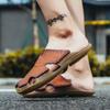 Men Black Leather Slippers Gladiator Sandals Outdoor Summer Brown Handmade Beach Shoes Wide Head Plus Size