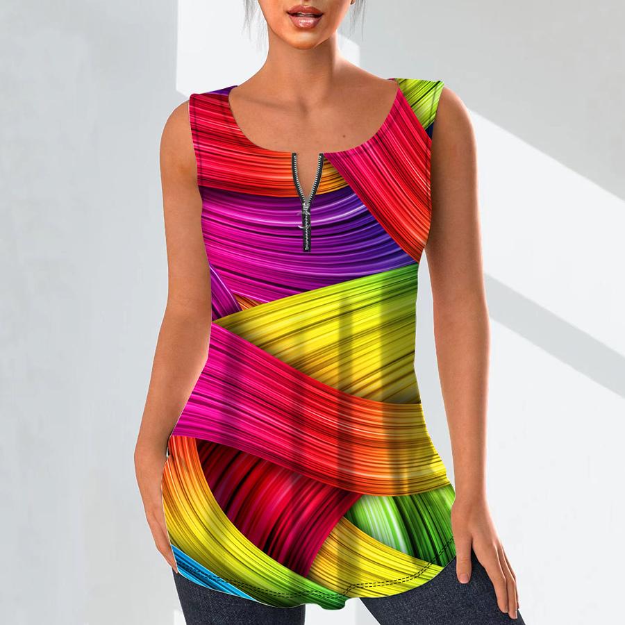 Women's Fashion V Neck Shirts Casual Tops T-shirt Ladies 3D Multicolored Lines Print Vest Plus Size Sleeveless Blouse Tank Tops
