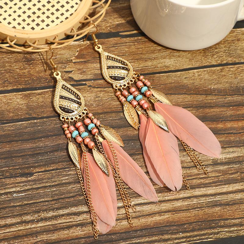High-Value Feather Earrings Bohemian Long Tassel Photo Women'S Ear Hooks Personalized Earrings