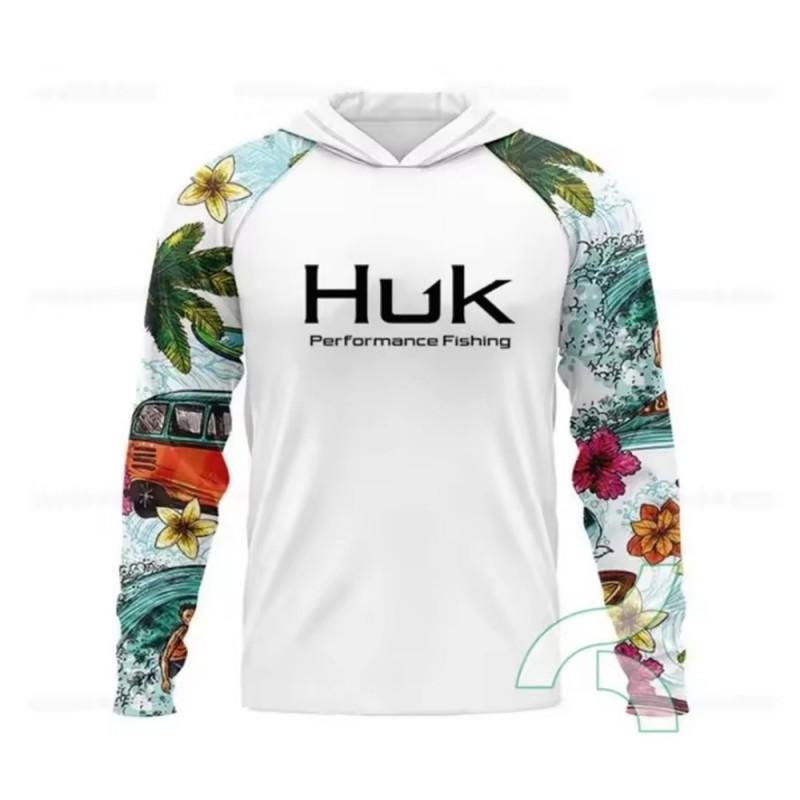 HUK Long Sleeve Hooded Fishing Shirt UPF 50 Lightweight Sun Protection Anglers
