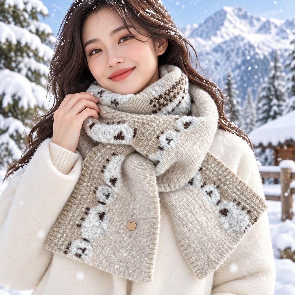 Color Contrast Winter Knitted Scarf Thick Plush Wool Blend Neckerchief Christmas Gift