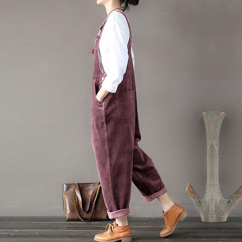 Vintage Women Corduroy Overalls Dungarees Solid Color Bib Pants Sleeveless Loose Jumpsuits Rompers