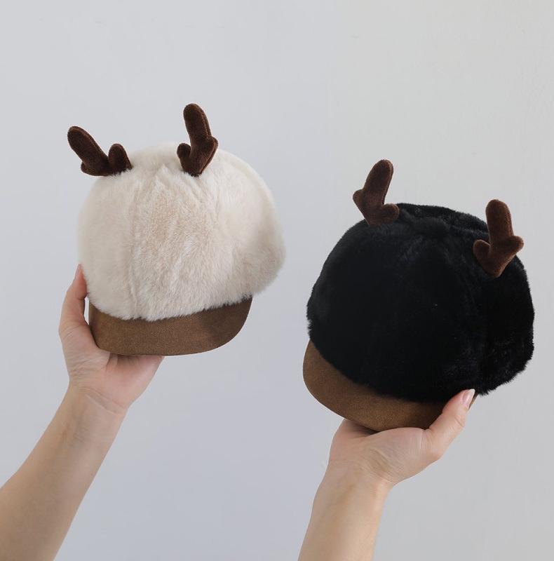 Милая детская зимняя шапка с леопардовым принтом и рожками - Унисекс, корейский стиль, плюшевая бейсболка