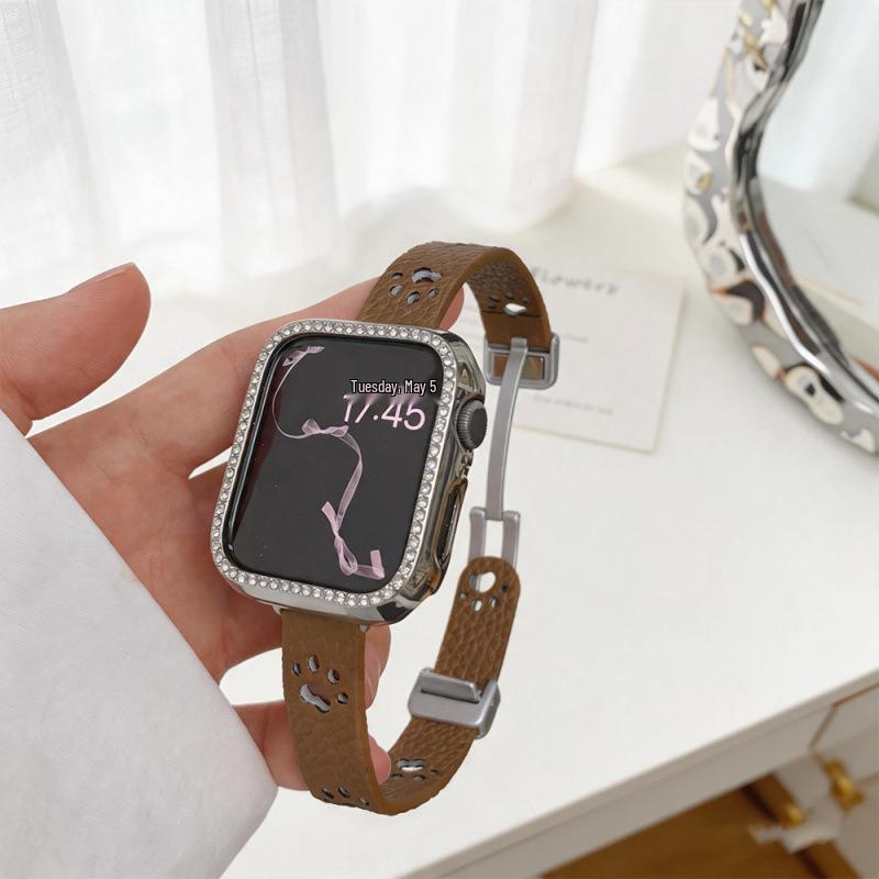 Совместимый кожаный магнитный ремешок для Apple Watch Series 11/SE и Huawei GT6/Xiaomi с дизайном в виде кошачьих лапок.