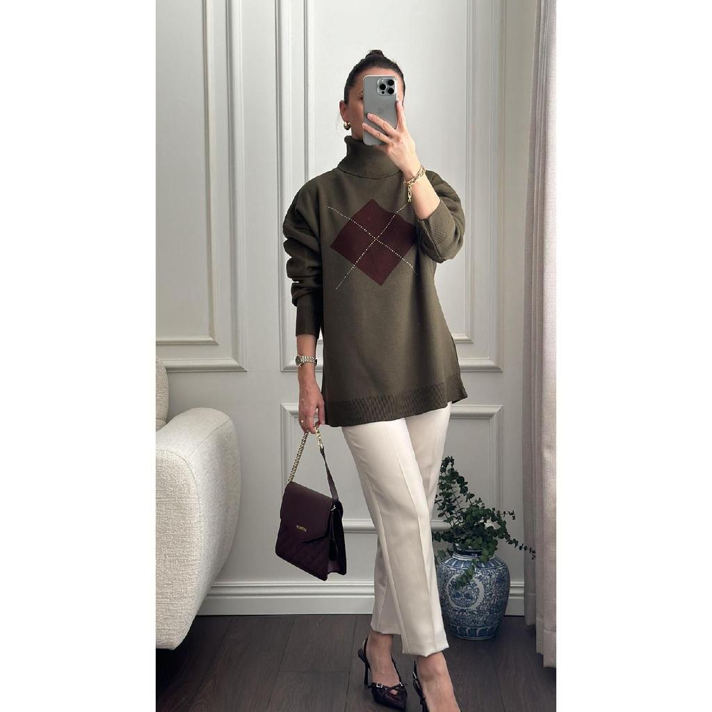 Khaki Square Patterned Turtleneck Sweater
