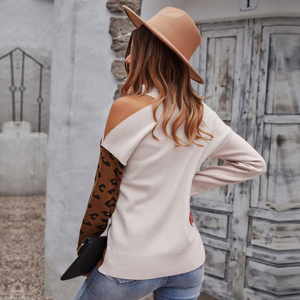 Женский осенне-зимний повседневный вязаный свитер, джемпер, пуловеры, топ, водолазка без бретелек, длинный рукав, леопардовый лоскутный шов, хаки, карамель, черный, S-XL