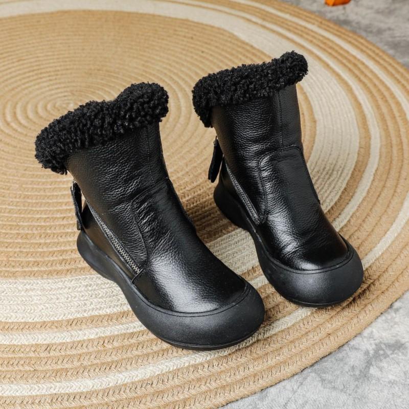Women Winter Fashion Warm Plush Genuine Leather Women's Boots With Anti Slip Soft Sole Comfortable Side Zipper Short Boots