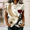 Women Plus Size Lapel Short Sleeve Blouse Moon Wine Glass Floral Print Button Front Casual Tops