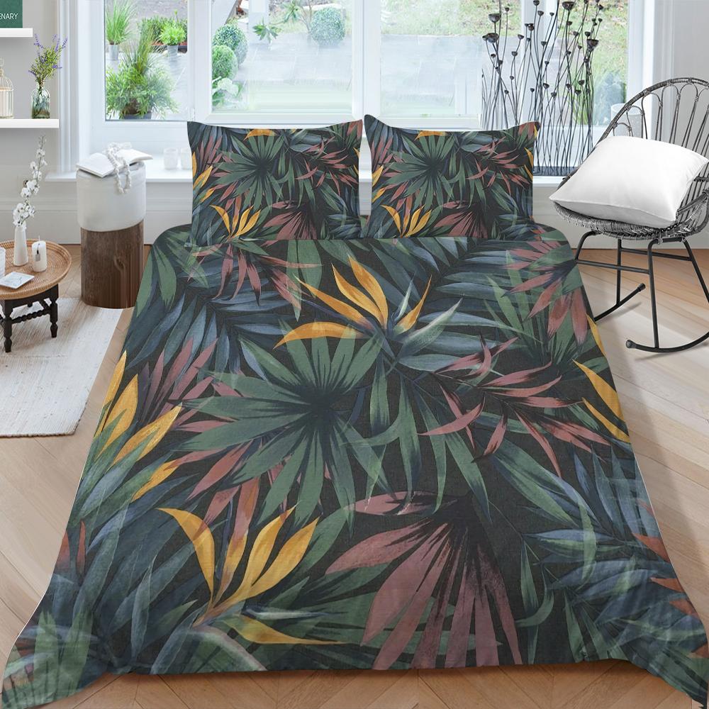 Family Bedding Single Double Bed Full Size Plant Printing Series Bedding Leaf Pattern Pillowcase and Quilt Cover Washable Home Decoration