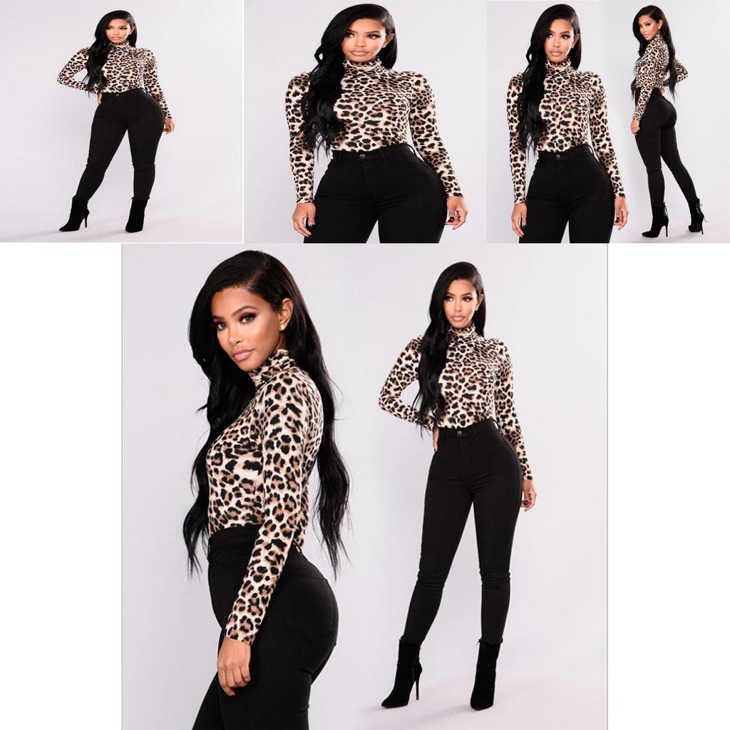 Elegant Women Ladies Leopard Pattern High Neck Loose Fit Casual Tshirt Blouse Top In Vibrant Colors