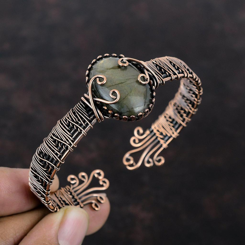 Лабрадорит Медный Браслет-манжета Проволочная обмотка Регулируемый Браслет-манжета Драгоценный Камень Браслет Ручной Работы Медная Проволока Ювелирные Изделия Подарок На Годовщину