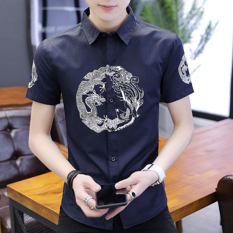 Men's Printed Short-sleeved Summer Trend of Handsome and Stylish Shirt Casual Versatile Inch Shirt Men's Shirt