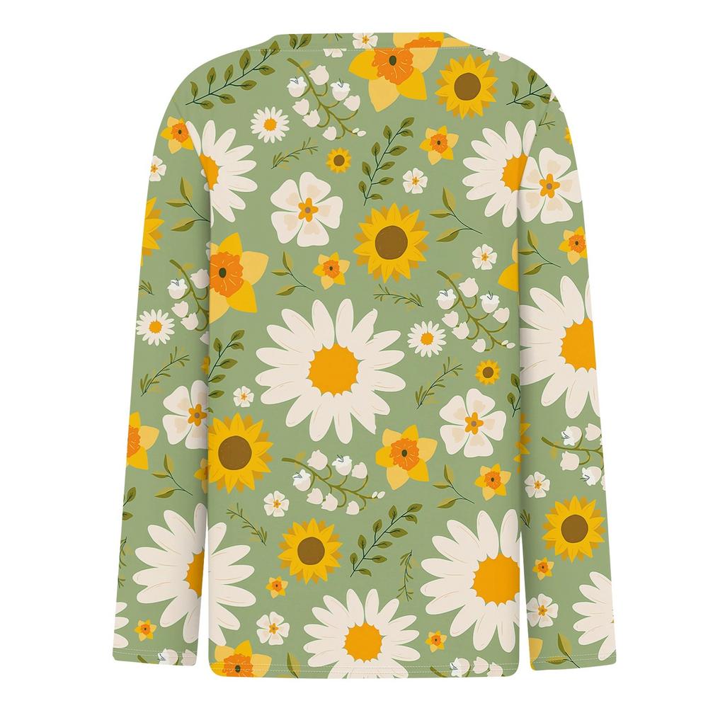 Женская футболка Футболка с принтом и длинным рукавом Повседневные выходные Мода Базовый топ с V-образным вырезом Обычный топ