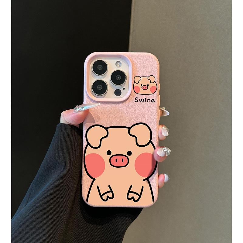 Cute Piggy for Apple 16 Promax Mobile Phone Case for IPhone 14 Litchi Pattern 13 Mini Cartoon 12 Anti-fall