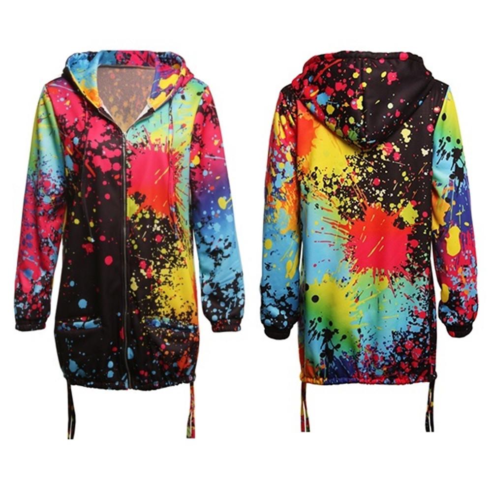 Женская повседневная куртка на молнии с длинным рукавом с многоцветным принтом и капюшоном