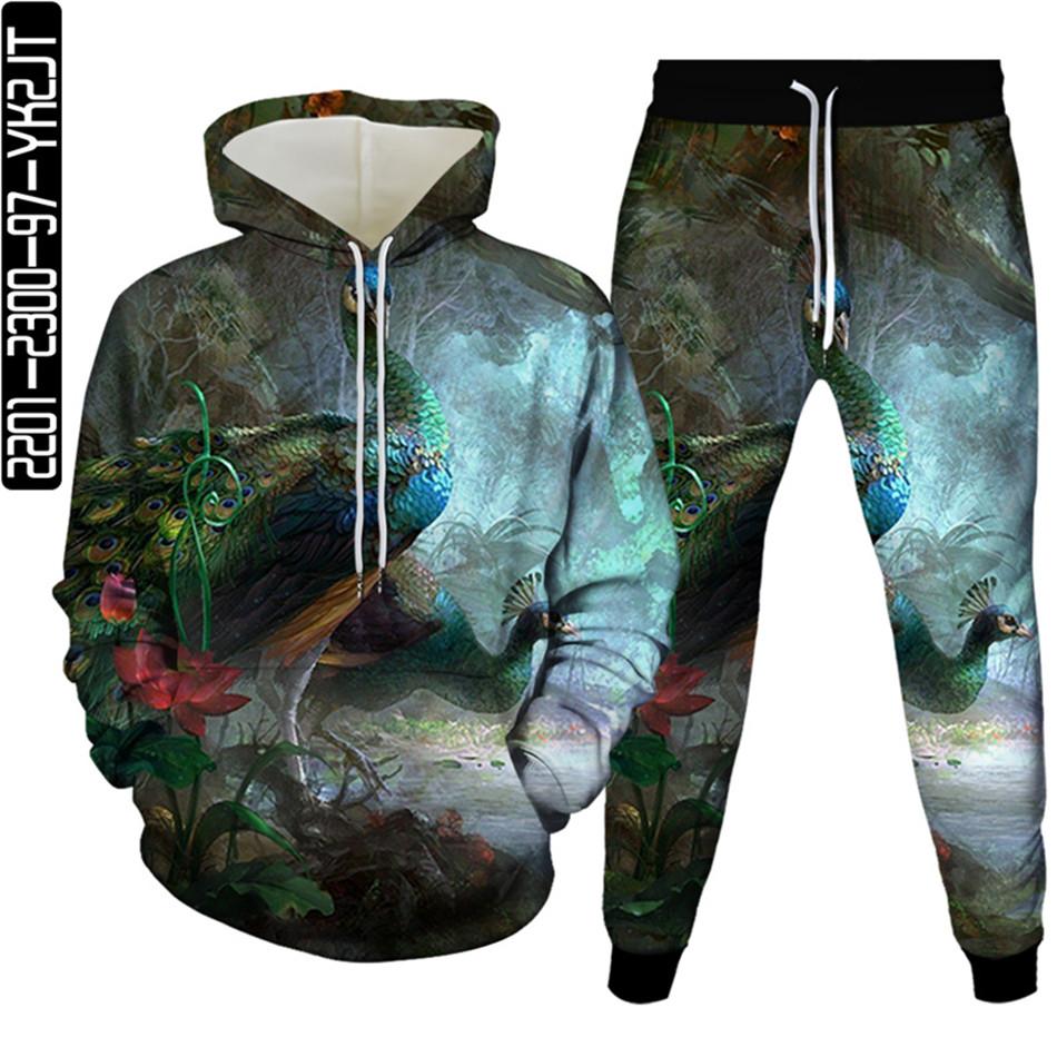 Осень-весна, мужская мода, 3D толстовки + брюки для бега, комплекты с животными, овцами, красивая одежда с принтом павлина, женский спортивный костюм, размер S-6XL