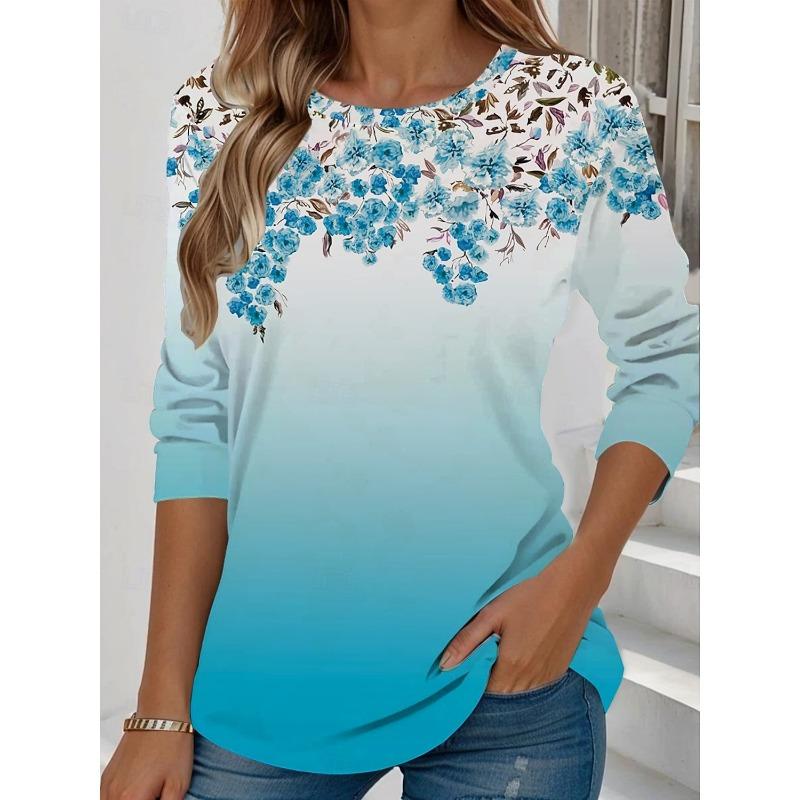 Fashion Summer Women's Floral Graphic Elegant Round Neck Long Sleeve T-Shirts Y2K Casual Tops Womens Clothing Harajuku Pullover