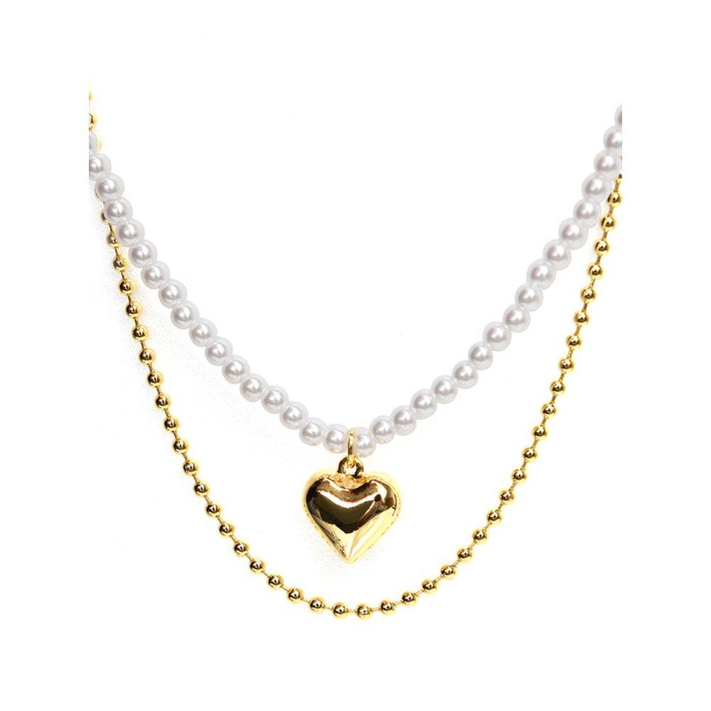 Sdj202 Gold Heart Pearl Layered Necklace