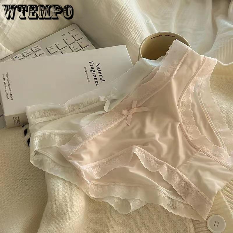 Spring and Summer Solid Color Ice Silk Underwear for Women Mid Waist Quick Drying Lace Underwear