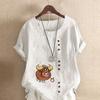 Women's Fashion Cattle Prined Round Neck Short Sleeve T-shirt Casual Cotton Linen Graphic Shirt Leisure Loose Summer Blouse Tops