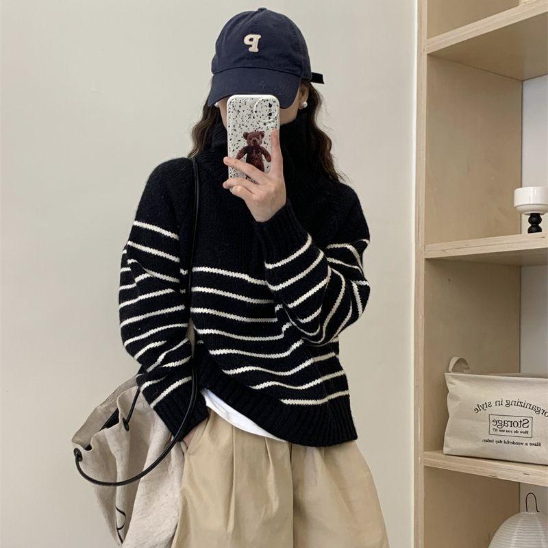 Autumn and Winter New Casual Simple Striped Knitted Sweater Top Women's Fashion Versatile Lapel Pullover Sweater