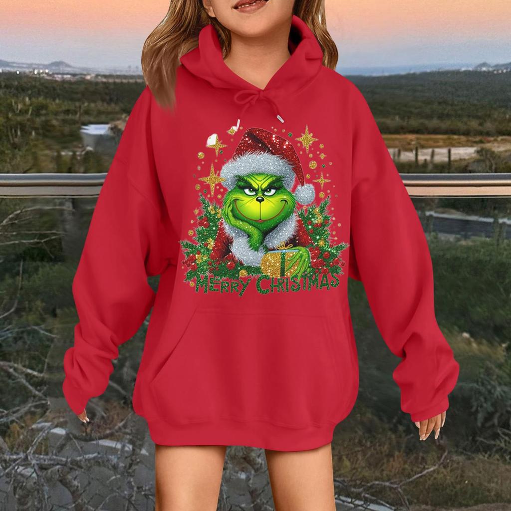 Children's Fashionable Casual Long-sleeved Loose Christmas Print Pullover Hooded Sweatshirt