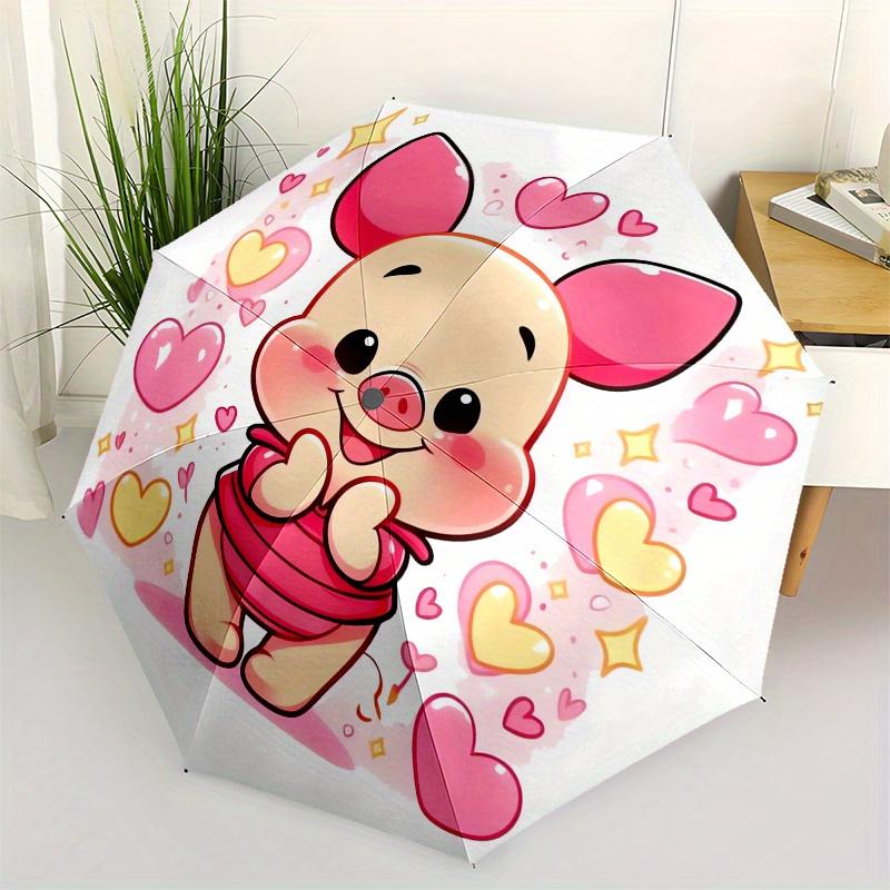 Cute Piglet,Hearts,Cartoon Style Theme Automatic Compact Folding Cute Umbrella - Portable and Durable, 8-Bone Iron Umbrella for All Weather0