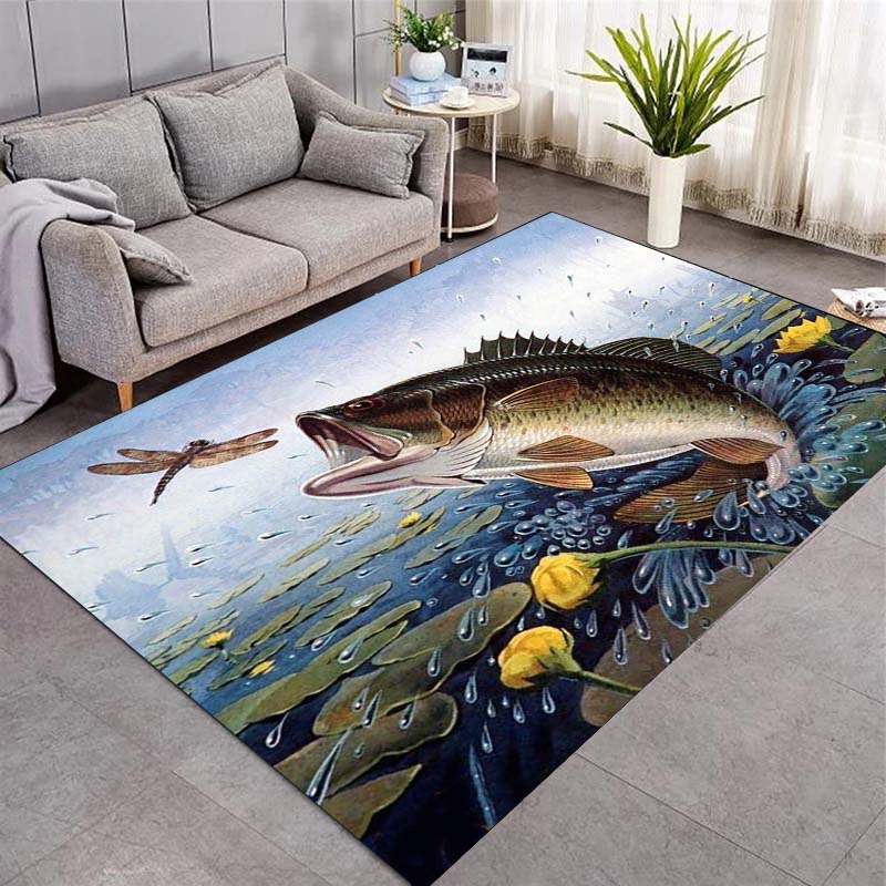 Jumping Freshwater Fish Water Splash Print Area Rug Aquatic Animal Non‑Slip Rectangular Floor Mat Living Bedroom Home Decor Rug