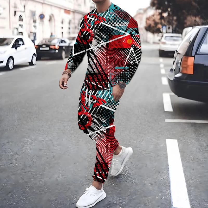 Spring Fall 3D Printed Square Graffiti Pattern Men's Long Sleeve Suit Fashion Casual Street O Collar Sweatshirt And Pants Suit