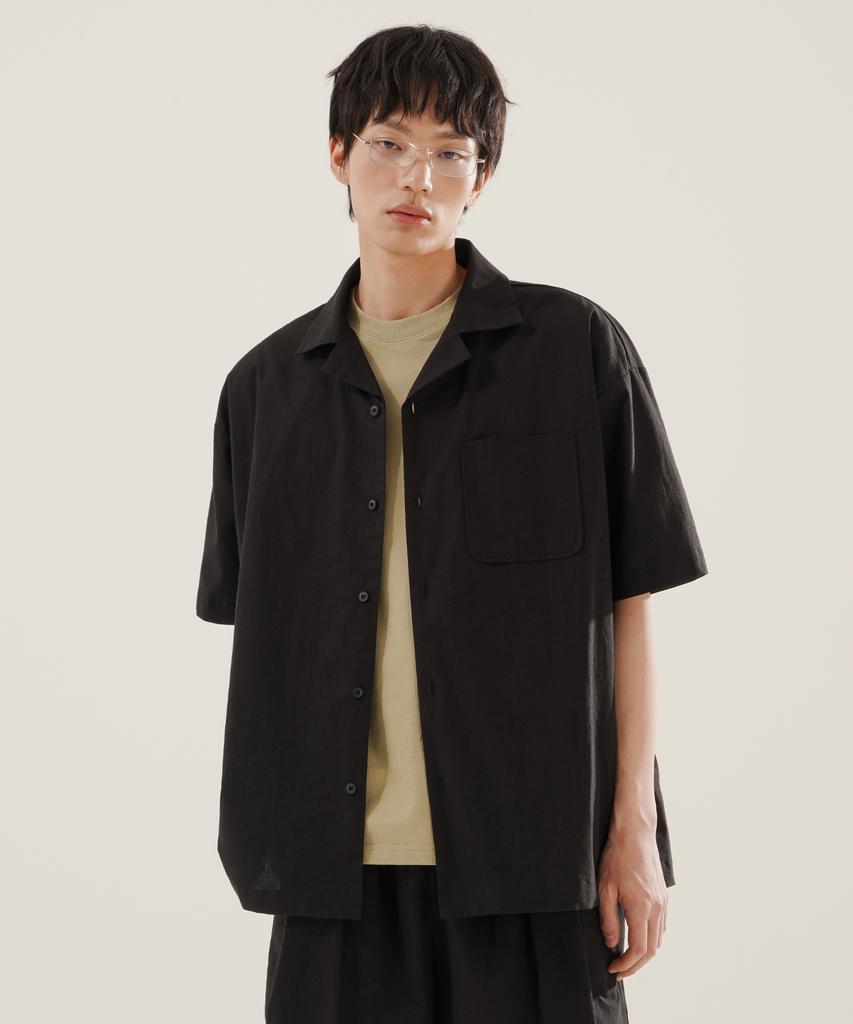JEMUT Open Collar Linen-Like Short Sleeve Shirt Black Kjss2622