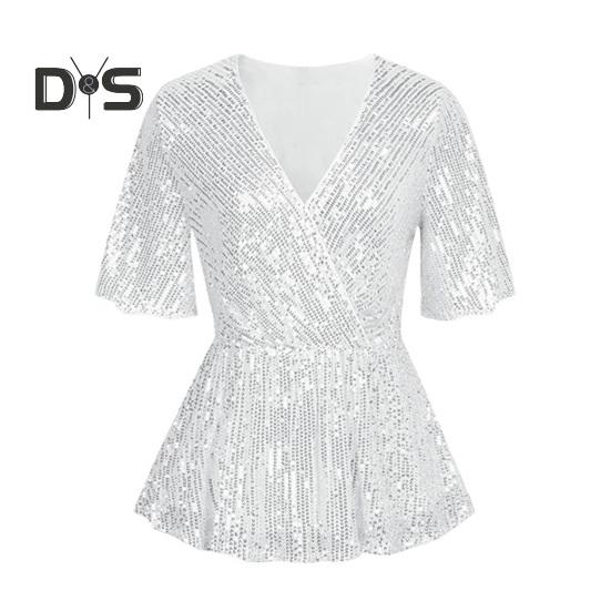 Women Sequin Tops V-Neck Ruffle Sleeves Glitter Blouses Waist Tight Elastic Hem Evening Cocktail Shiny Tops
