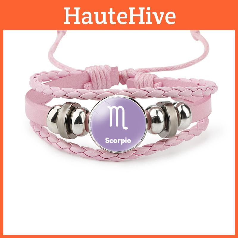 Стильный розовый кожаный браслет со знаками зодиака Овен Телец Близнецы Рак Лев Весы