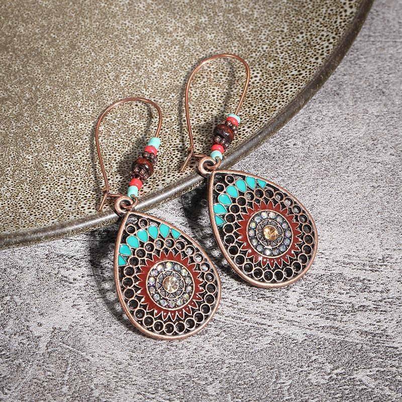 Vintage Hollow Water Drop Metal Earrings For Women Alloy Crystal Ethnic Beads Boho Colorful Flower Dangle Earrings Jewelry Gifts